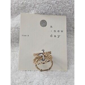 A New Day Gold Tone Stacking Rings Set 3pc Baguette Chain Link Size 8